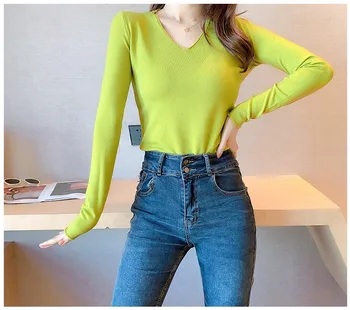 

Woman Thin Section Sweater V-Neck Slim knitted Jumper Vintage Chic Solid Color Sexy Pullover High Elasticity Tops