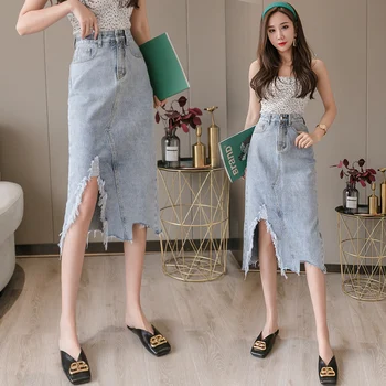 

Womens Skirt Vintage Clothes Ripped Denim Long Skirts Blue Harajuku Summer High Waist Streetwear 2020 Flowy Fashion Spring Solid