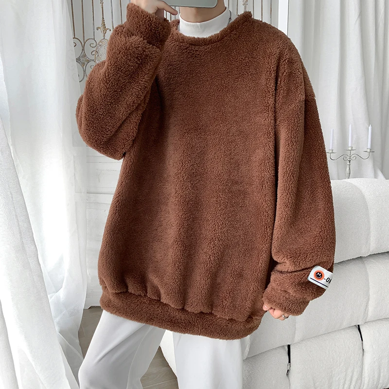New Men's Lamb Velvet Pullover Pure Color Warm Sweater Fashion Casual Sweater