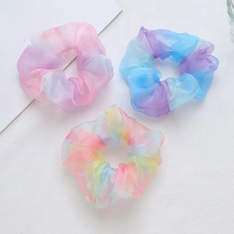 Sweet Rainbow Yarn Mesh Scrunchies Women Romantic Colorful Hair Rope Transparent Tulle Organza Hair Ties Hair Accessories 100pcs love small yarn bag christmas gift bag candy bag wedding gift bag jewelry packing bag storage bag organza mesh bag