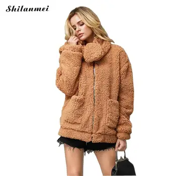 

Elegant Faux Fur Coat Women 2019 New Autumn Winter Warm Soft Zipper Fur Jacket Female Plush Pocket Overcoat Casual Teddy Outwear
