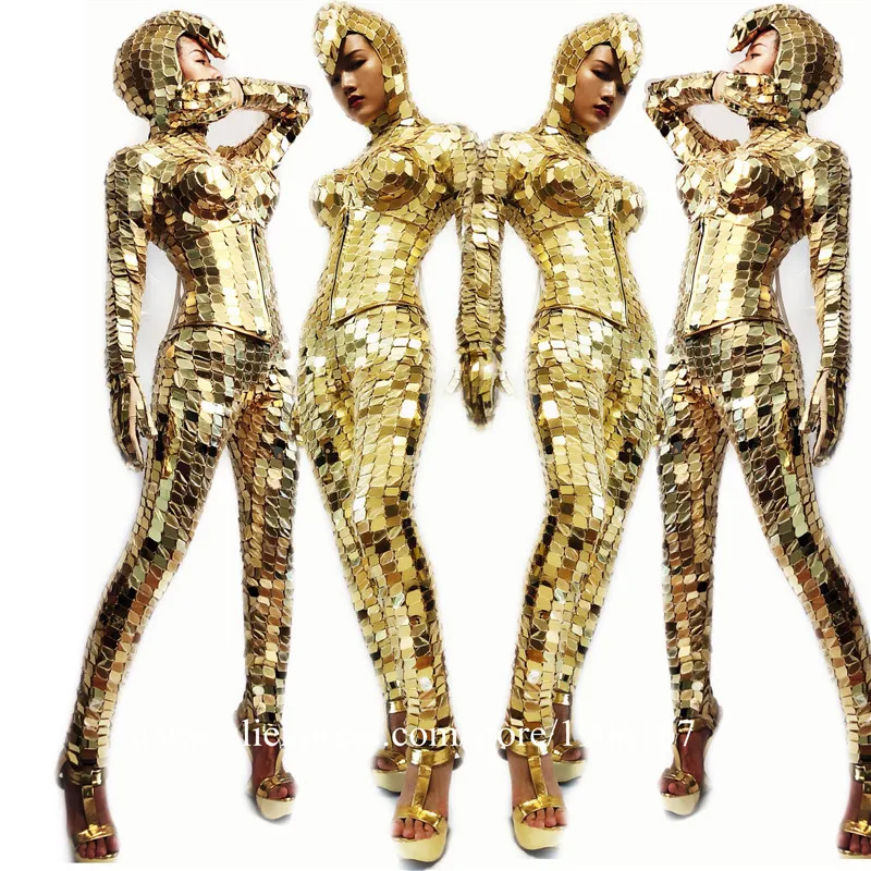 Sexy gold mirror costumes robot women suit dj perform wears mirror bodysuit singer jumpsuit mirror clothe party outfit disco03