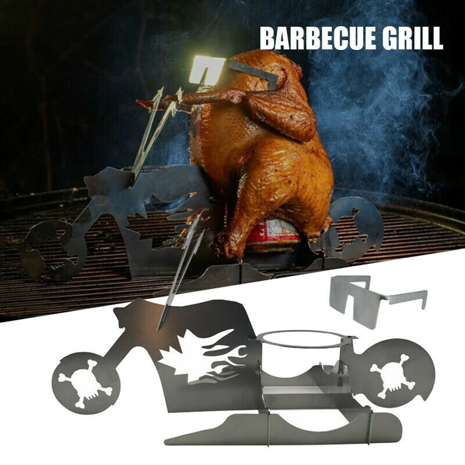 

Creative Motorcycle Shape Chicken Stand With Beer Can Holder Funny Grill BBQ Stainless Steel Grill Rack Turkey Roaster Gift