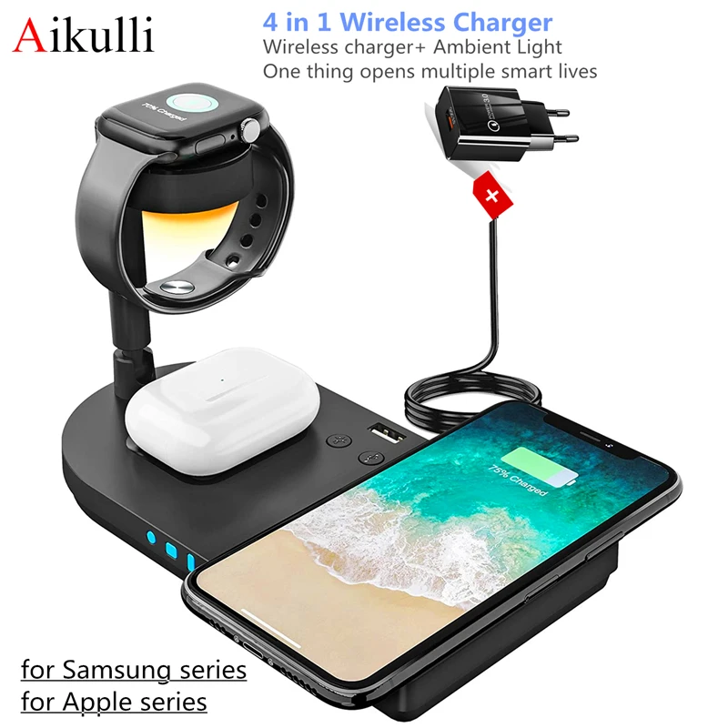 4 in 1 Wireless Charger Stand Qi 15W Fast Wireless Charging Station with Lamp for Apple iPhone Samsung Watch AirPods Buds Charge