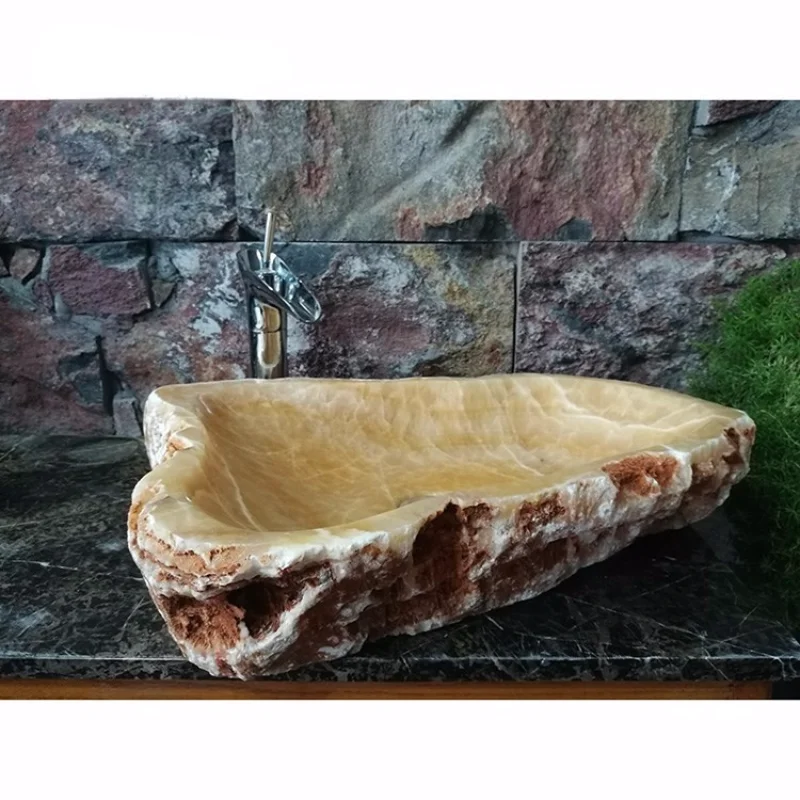 

Rough Finish Natural Shape Bathroom Vessel Yellow Onyx Marble Vanity Sink