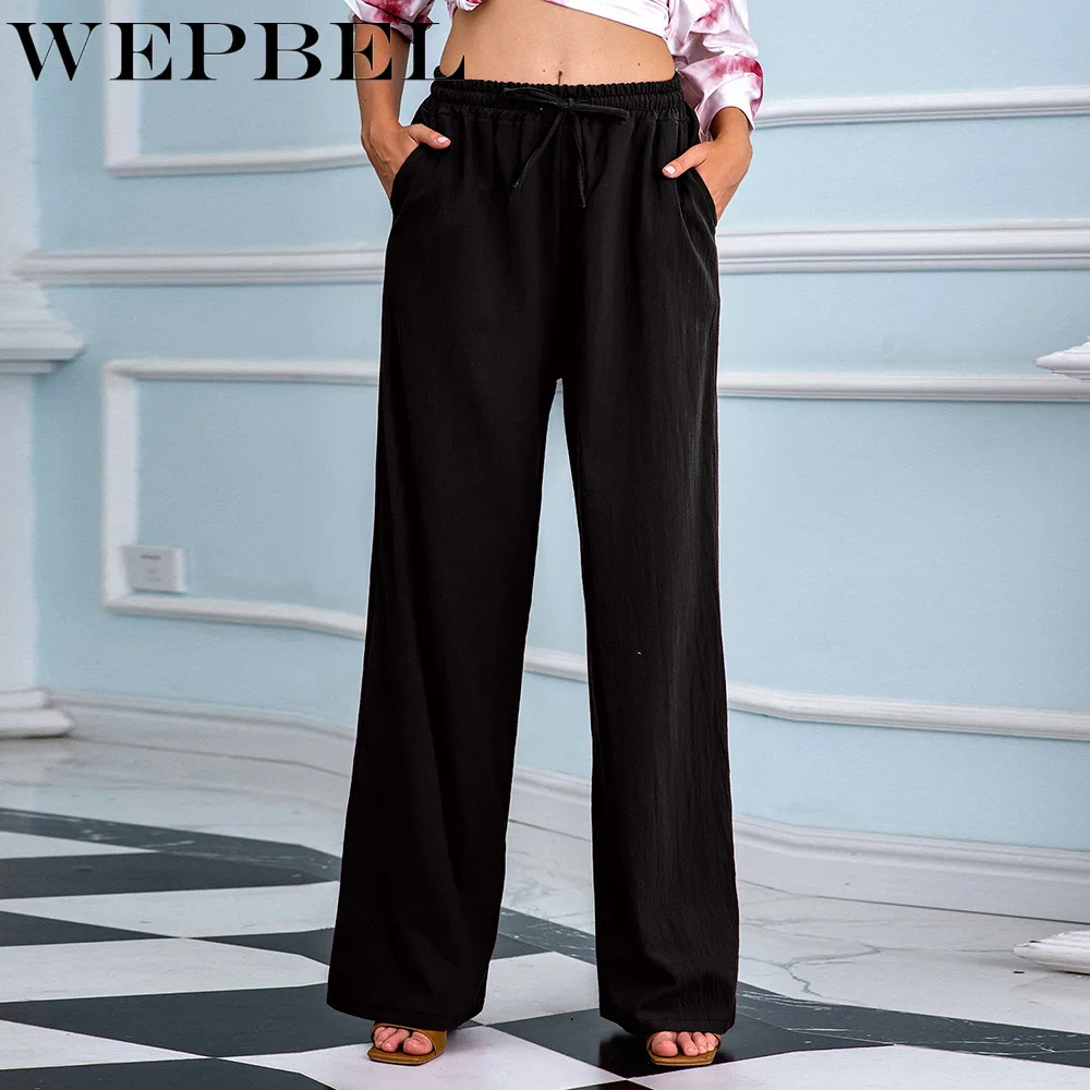 

WEPBEL Spring and Autumn Elastic High Waist Strap Loose Pants Women's Drawstring Straight Casual Wide Leg Pants