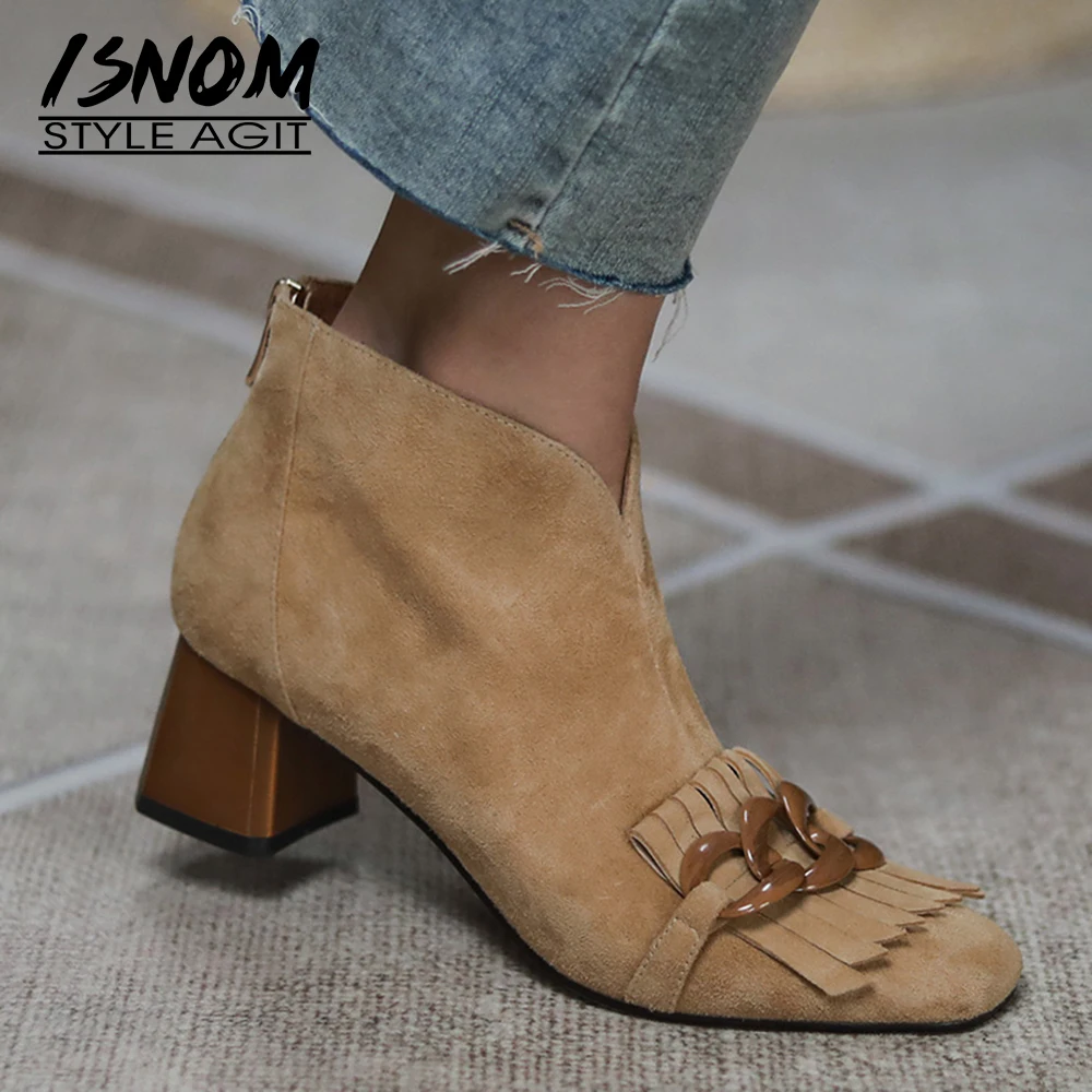 

ISNOM 2020 Ladies Fringe Sheep Suede Ankle Boots Back Zip Chunky High Heel Square Toe Chain Boots Fashion Autumn Winter Boots