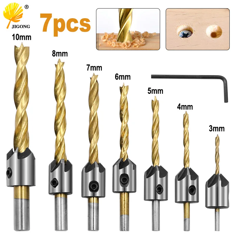 

3-10mm Round Shank Titanium Coating HSS Countersink Drill Bit Carpentry Chamfer Boring Woodworking Tool With Hex L-wrench