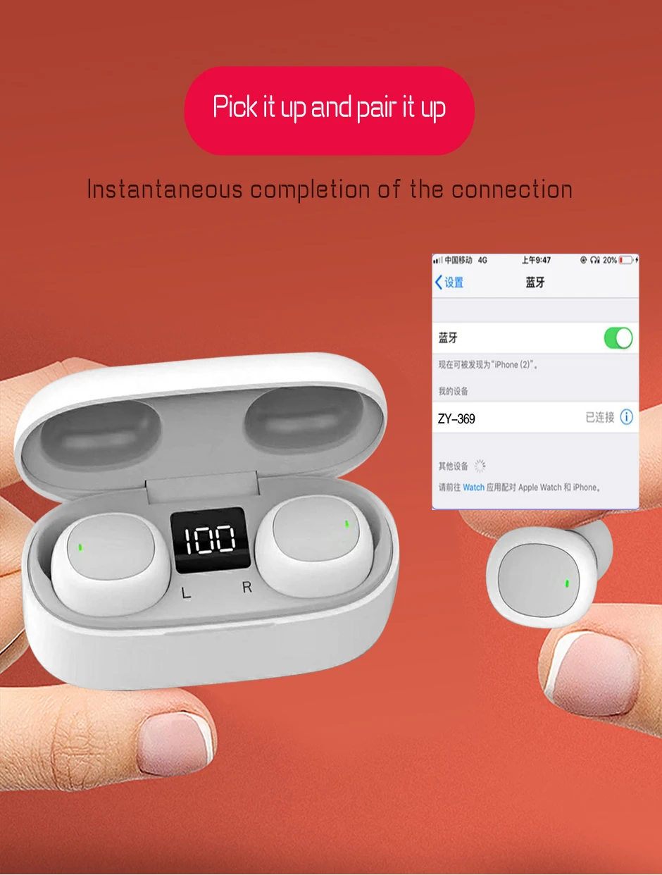 TWS Wireless earbuds Bluetooth 5.0 earphone IPX5 Waterproof Hifi Stereo earbuds Power LED Display Headset for iOS&Android