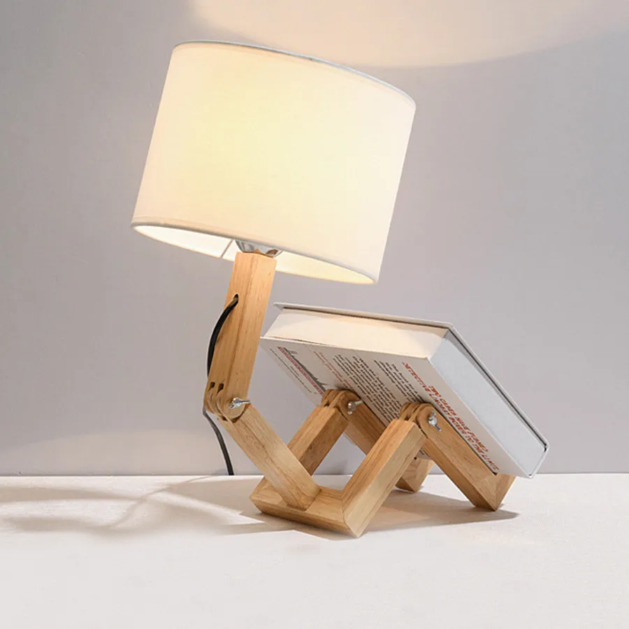 Candeeiro de Mesa com Pano Mesa de Madeira Thrisdar Nordic Deformável Robô Abajur Criativo Quarto Cabeceira Luz Leitura E27 12 Luzes noturnas