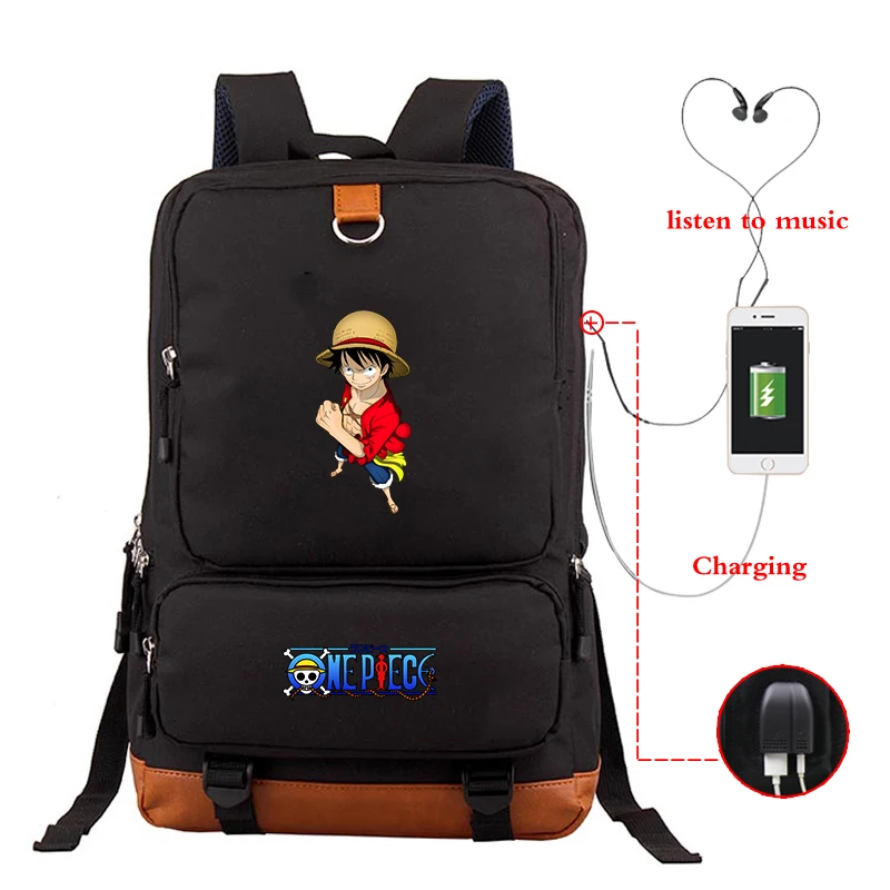 Anime Black Backpack USB Charging Large Capacity Bagpack Unisex School Bags Backpacks Travel Bag for College Bookbag Sac A Dos