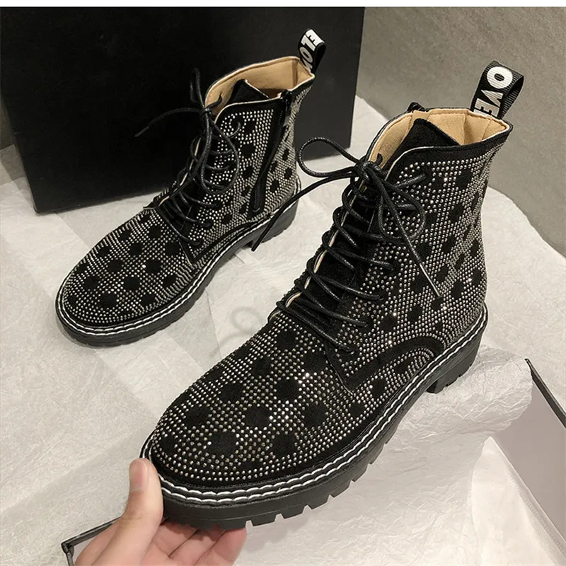 

Spring New Fashion Shoes Woman Leather Boots Bling Rhinestone Lace-Up Booties Women Round Toe Ankle Boots Botas Mujer Black Gun