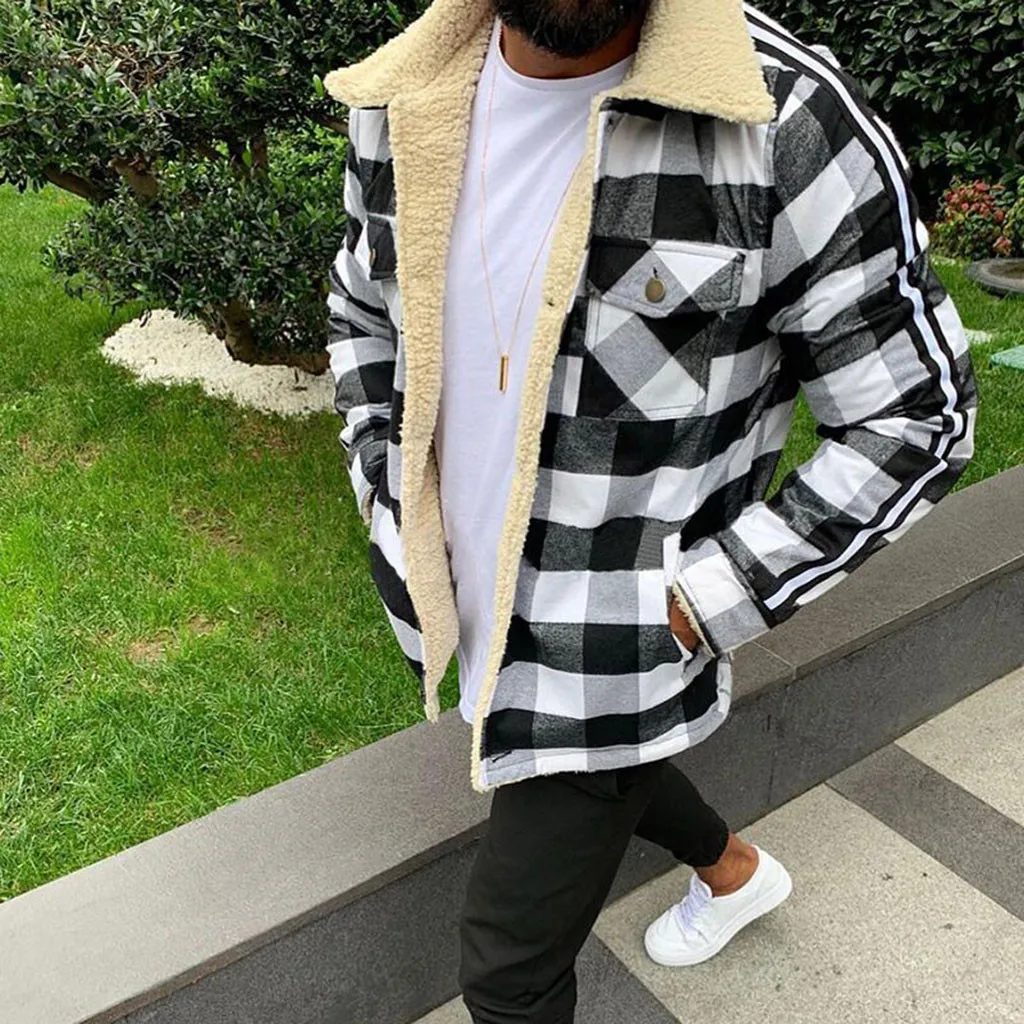 Men's Fashion Plaid Jacket Wool Compound Cardigan Winter Autumn Warm Long-sleeved Loose Male Shirt Jacket Plush Tops Coat #40 2