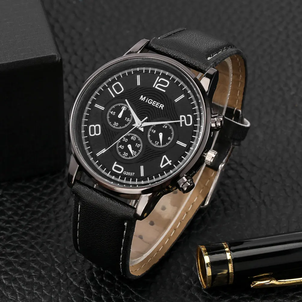 Relógio e pulseira de couro masculino com caixas, quartzo, numerais, mostrador, ajustável, preto, prenda de aniversário