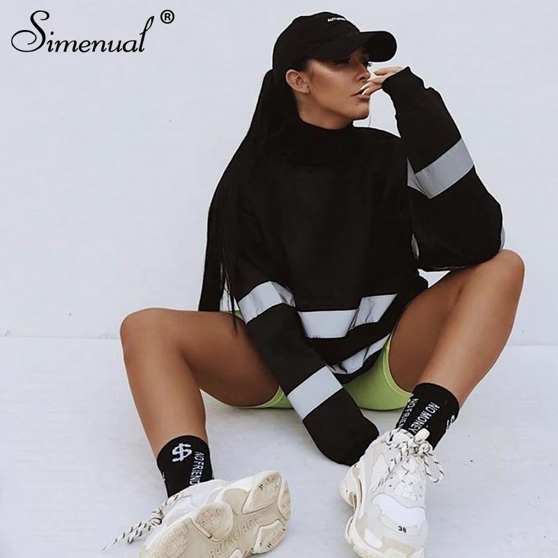  Simenual Casual Oversized Sweatshirts Women Reflective Striped Fashion Hoody 2019 Autumn Winter Lon