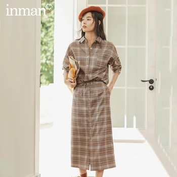 

INMAN Winter Literary Retro Check Single-breasted All Match A-line skirt