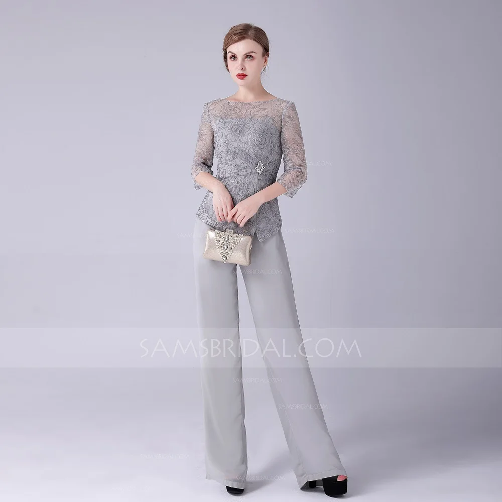 Bateau 3/4 рукава Иллюзия длинный шифон кружева мать невесты комбинезон для