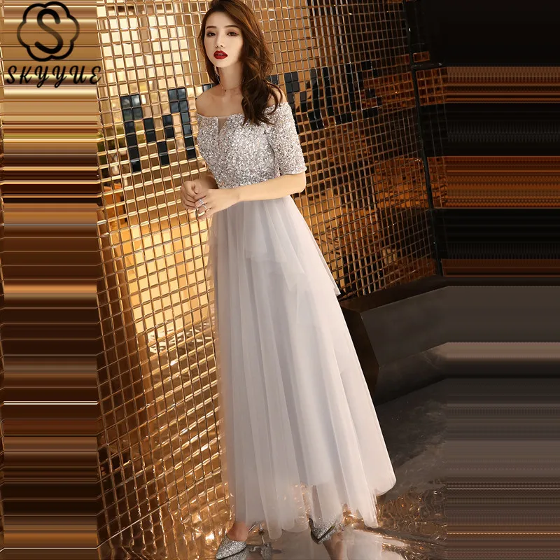 

Skyyue Dress Prom Half Sleeve Boat Neck Sequined Vestidos De Gala Off The Shoulder Floor-Length A-Line Prom Dresses 2019 E448