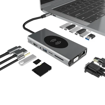 

15 in 1 USB C Hub USB Type C to 4K HDMI 1080P VGA PD TF 3.5mm Adapter USB 2.0 3.0 Splitter 1000M RJ45 Network Card 10W Wireless