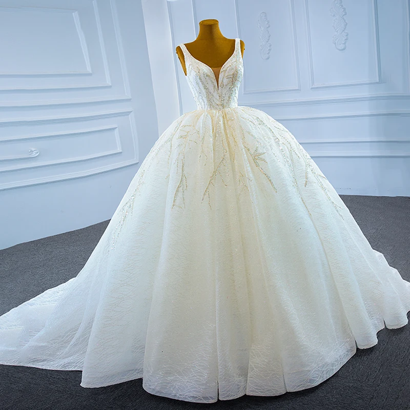 J67247 JANCEMBER White White Sexy V-neck Lace Wedding Skirt Metallic Sequined Shiny Frill Elegant Fluffy Long Dress Bridal Gown 3