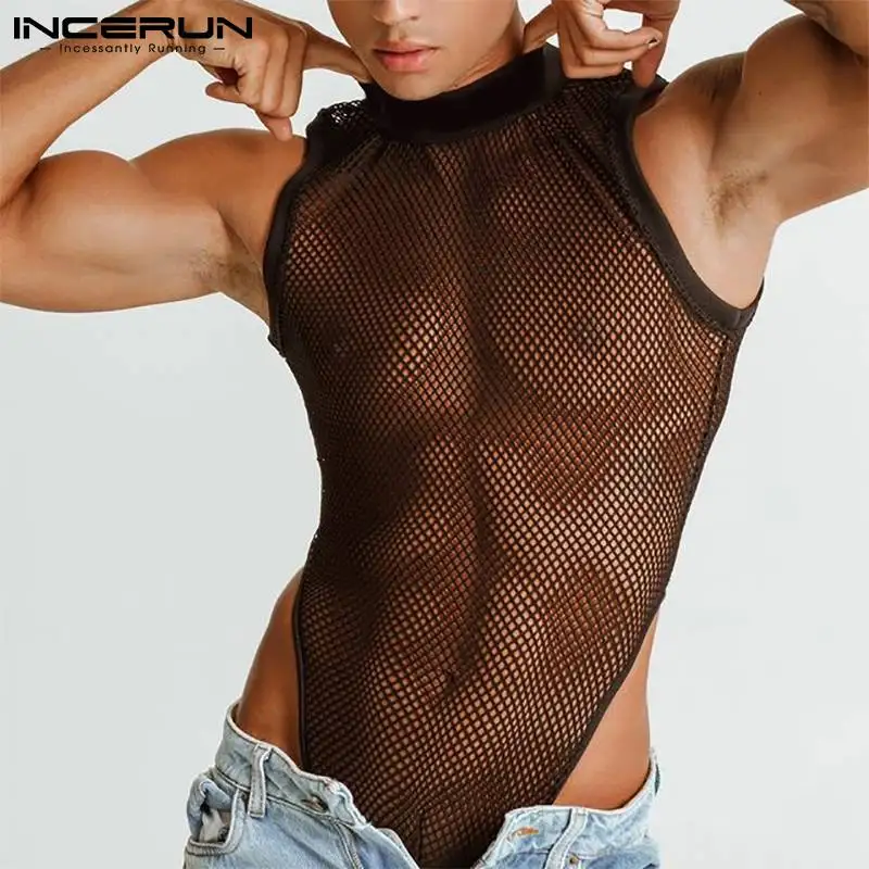 Men Bodysuits Men's Stylish Sleeveless Bib Pants Breathable Mesh Sexy Leisure Bodysuits Comfortable Homewear Triangle Jumpsuit S-5XL 7