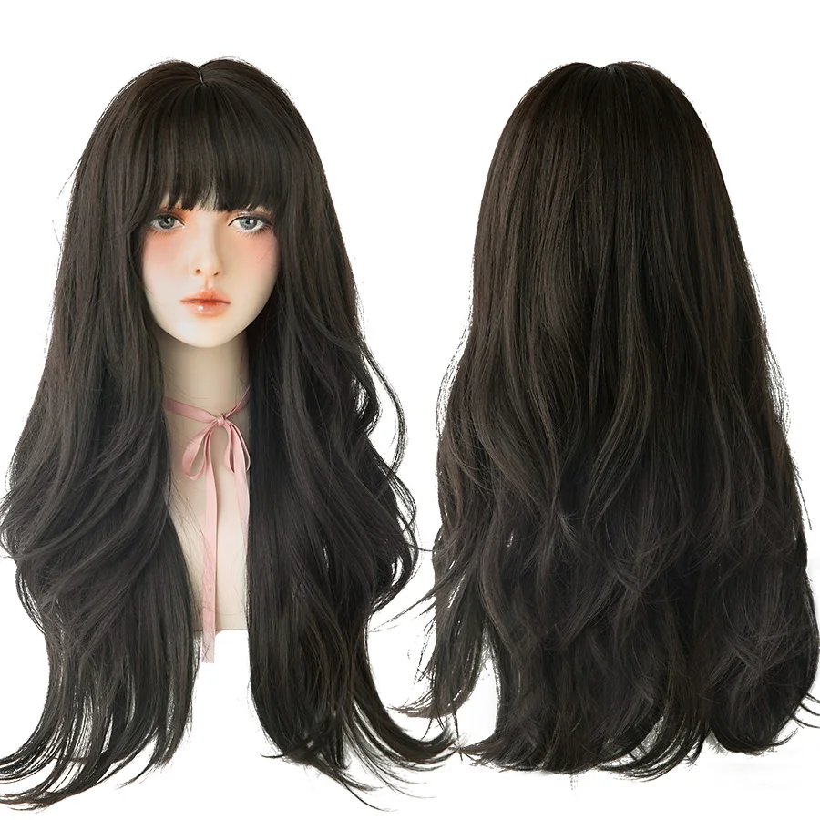 7JHH Black Brown Long Wavy Wig With Fluffy Bangs For Women To Wear Daily Heat-Resistant Synthetic Wig
