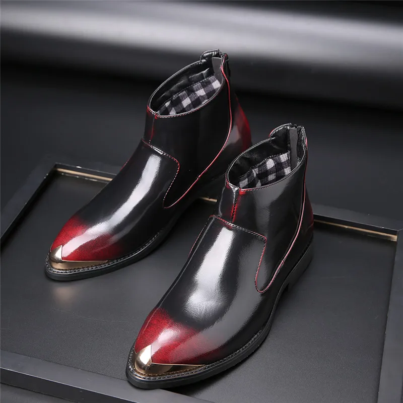 Merkmak/осенние мужские ботинки на молнии официальная мужская кожаная обувь с острым носком Повседневная модельная обувь мужская обувь большого размера 48 47 46 на плоской подошве - Цвет: Red Boots
