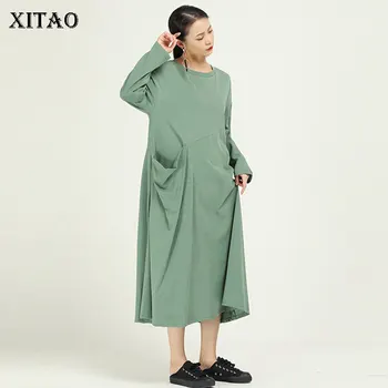 

XITAO Plus Size Pleated Dress Fashion Irregular Patchwork Pullover Small Fresh Casual Minority Loose Pocket Dress DMY2524