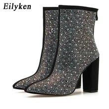 Eilyken модные стразы женские ботильоны пикантные туфли на высоком каблуке с украшением в виде кристаллов острый носок черного цвета, на молнии, женские ботинки