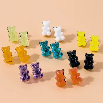 

8 Pairs Sweet Candy Color Acrylic Gummy Bear Stud Earrings Resin Post Cartoon Bear Earrings Set Fashion Jewelry Unisex