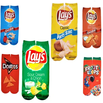 

1 pair of interesting unisex male art socks women printed potato chips high socks cotton art long socks men
