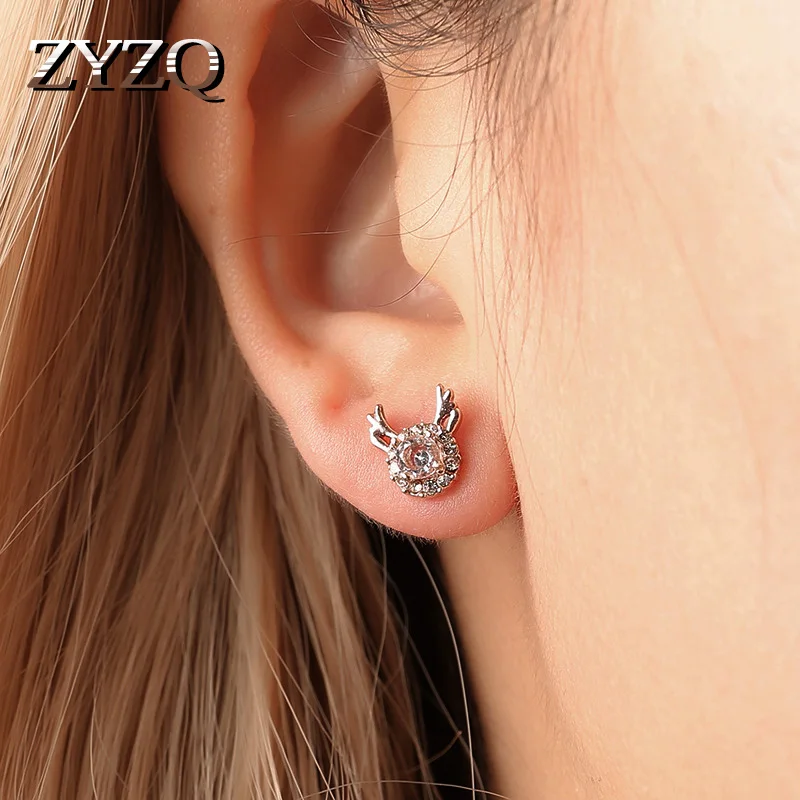 

ZYZQ Trendy Luxury Deer Shaped Stud Earrings Snow Flake Design With Cubic Zircon Pretty Christmas Gift Earrings For Women Hot