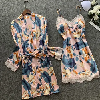 

Robes Sets 2020 Kimono Robe Floral Bathrobe Sexy Sleepwear Peignoir Wedding Robes Soft Bridesmaid Robes H986
