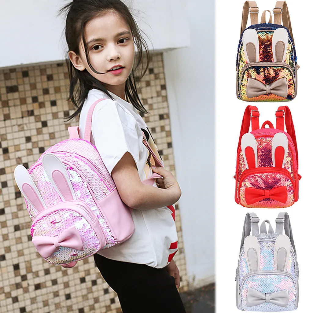 

New Student Schoolbags Kids Girls Cartoon Sequin School Backpack Satchel Travel Shoulder Bag Cute rabbit ears backpack for girls