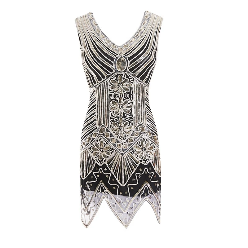 

1920s Sequin Beaded Tassels Hem Flapper Women's Hand-knitted Dress Sleeveless Gold Thread Embroidery Fringe Great Gatsby Party