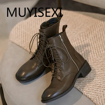 

Ankle boots genuine leather cross-tied lace up 4.5cm thick med heel round toe zip high fashion cozy lady handsome TN42 MUYISEXI