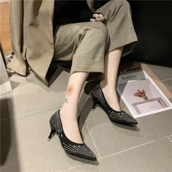 

Women Wedding Shoes High Heels Cinderella Crystal 7cm Shoes Rhinestone Pointed Toe Glitter Party Shoes Sliver Red Woman Pumps