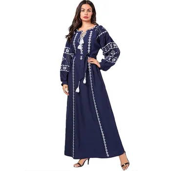

Navy Blue Abaya Women Dress Embroidery Vintage Autumn Dubai Muslim Dress Women Long Sleeve Plus Size Islamic Clothing With Belt