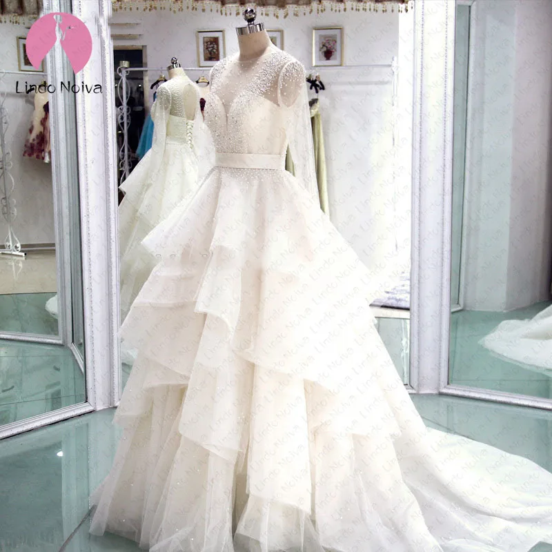 Robe De Mariee платье с круглым вырезом и длинными рукавами Пышное Бальное Платье Свадебное платье 2019 кружевное на заказ свадебные платья
