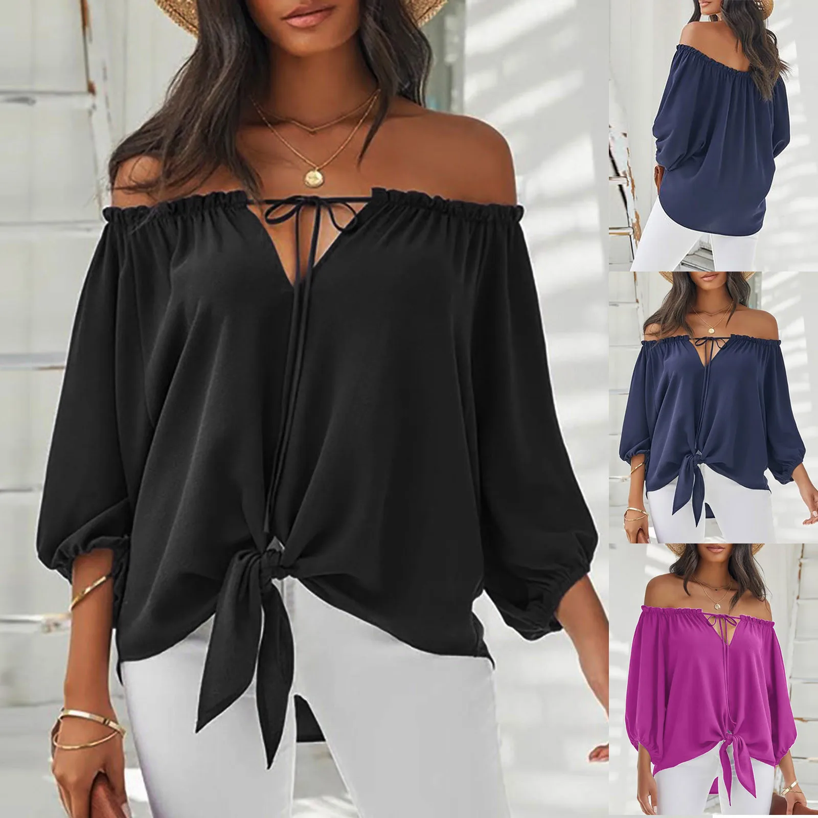 

Fashion Casual Lace Up Bandge Blouse Loose Sexy Off Shouler Tee Top Female Women Half Sleeve Shirt Blusas Femininas Clothing