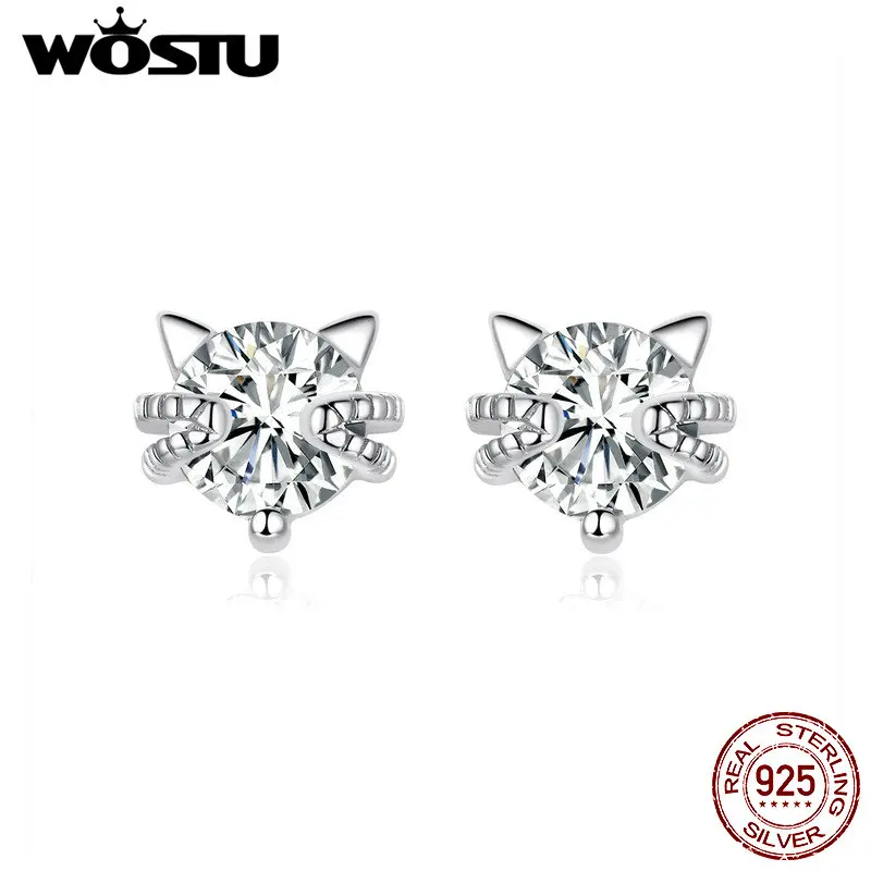 WOSTU 925 пробы серебряные ослепительные Кристальные корейские серьги-шпильки в стиле кошки свадебные серьги для женщин ювелирные изделия CTE205