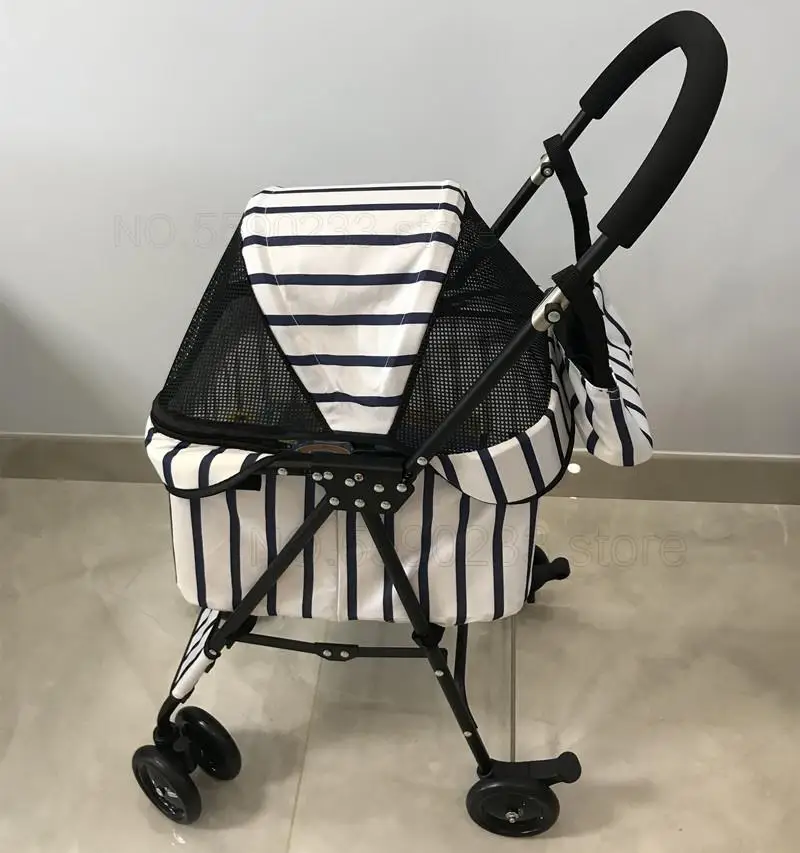 Striped Pet Stroller Foldable Shock Absorber Universal Wheel Ins Cat