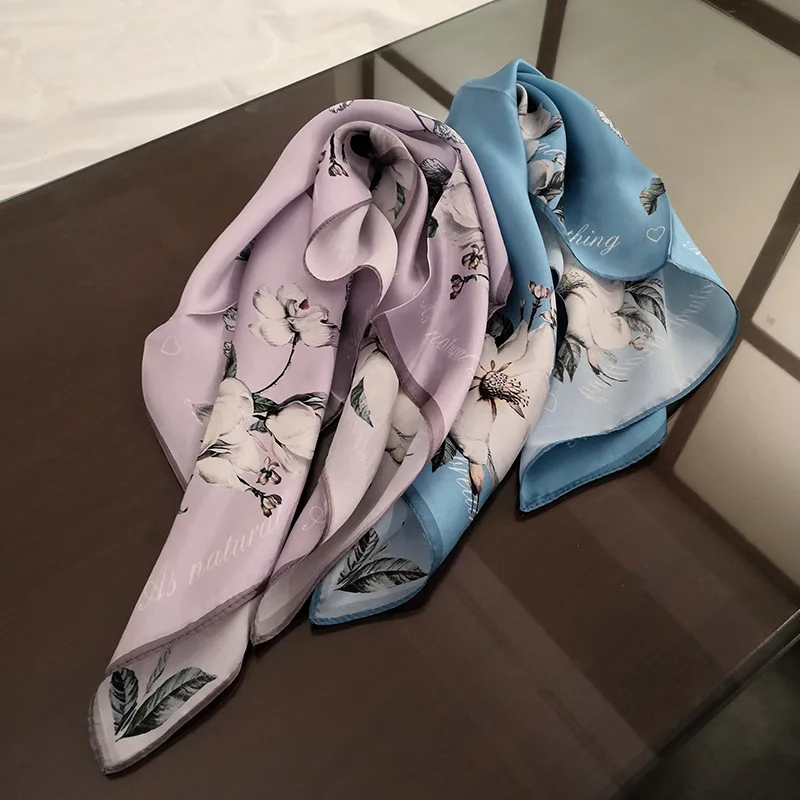  100% Silk Scarf Women Fashion Luxury Flower Print Small Kerchief Scarves Handkerchief for Stylish L