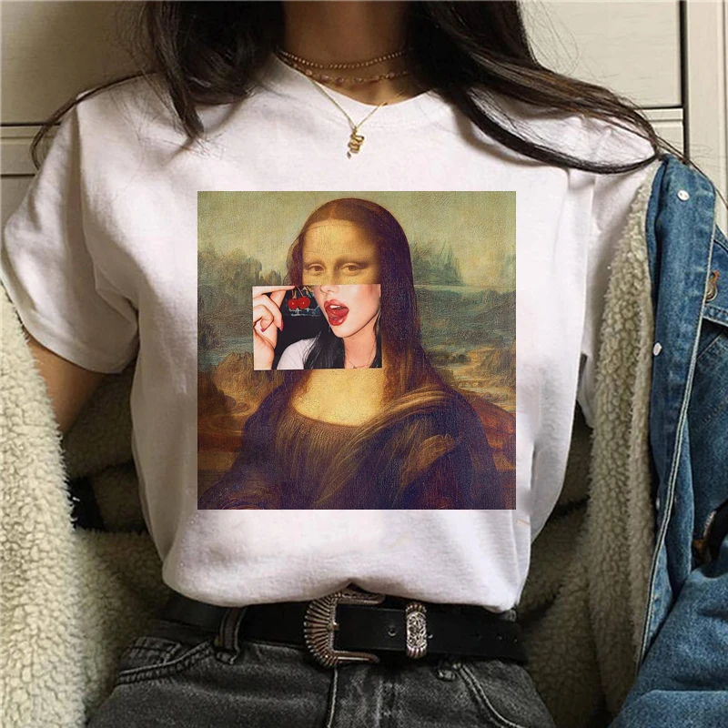 Mona Lisa Эстетическая Harajuku футболка женская Ullzang винтажная графическая футболка Веселая мультяшная футболка 90s корейский стиль Топы Футболки женские