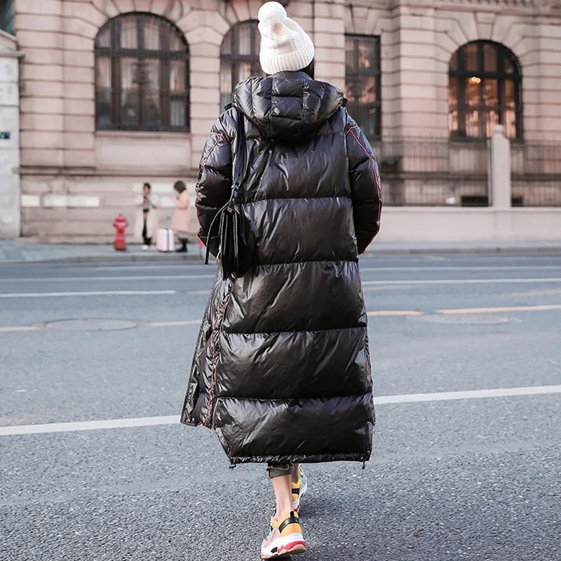 Зимняя женская куртка, очень длинное пальто большого размера с капюшоном, утолщенная теплая зимняя верхняя одежда, глянцевая Роскошная брендовая парка, Женское пальто