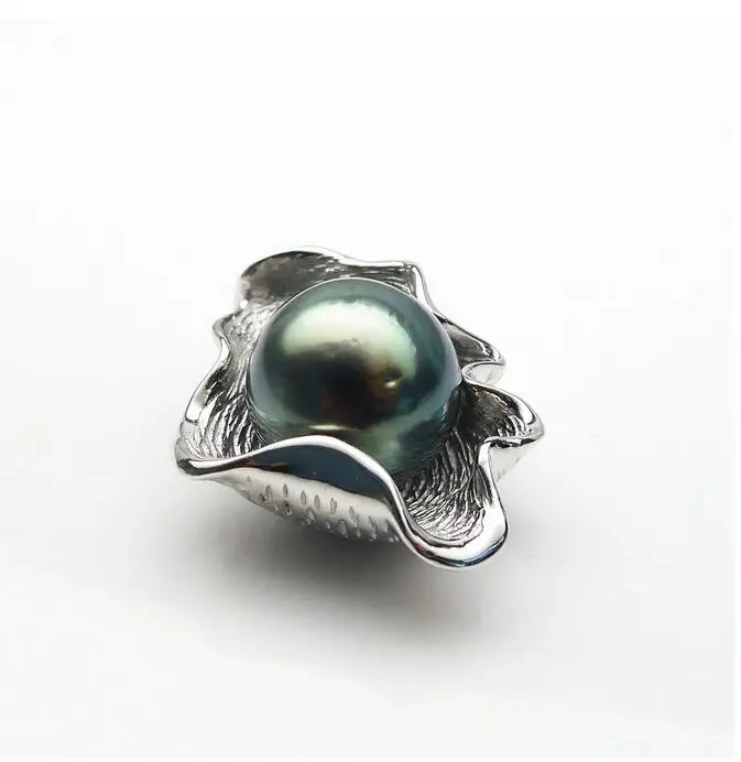 Free Shipping 11.5-12mm Round Green Real Tahitian Cultured Pearl Pendant 925 Sterling Silver