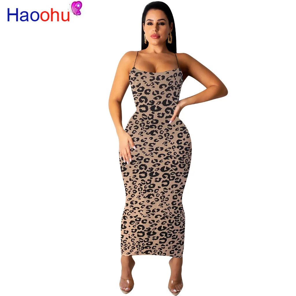 HAOOHU Spaghetti Strap Leopard Print Dress Streetwear Sleeveless Bodycon Clothing Vestidos Woman Party Night Maxi Dresses