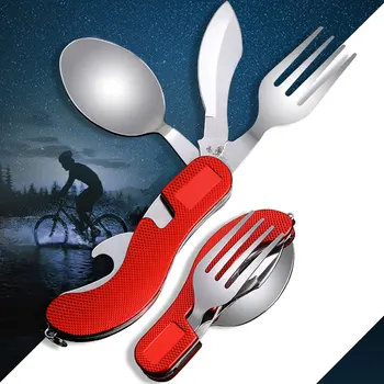 

Multifunction Stainless Steel Tableware Camping Hiking Survival 4 in 1 Folding Pocket Fork Knife Spoon Bottle Opener Cutlery Set