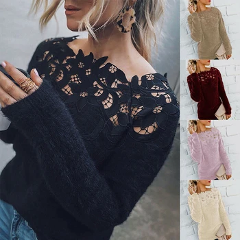 

New Women Fluffy Sweater Jumper Long Sleeve Casual Patchwork Pullover Blouse Tops