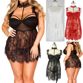 

Plus Size Lace Lingerie Women Sexy Erotic Dress Mesh Ruffle Strap Robe Erotique Embroidery Sleepwear with G-string Sets